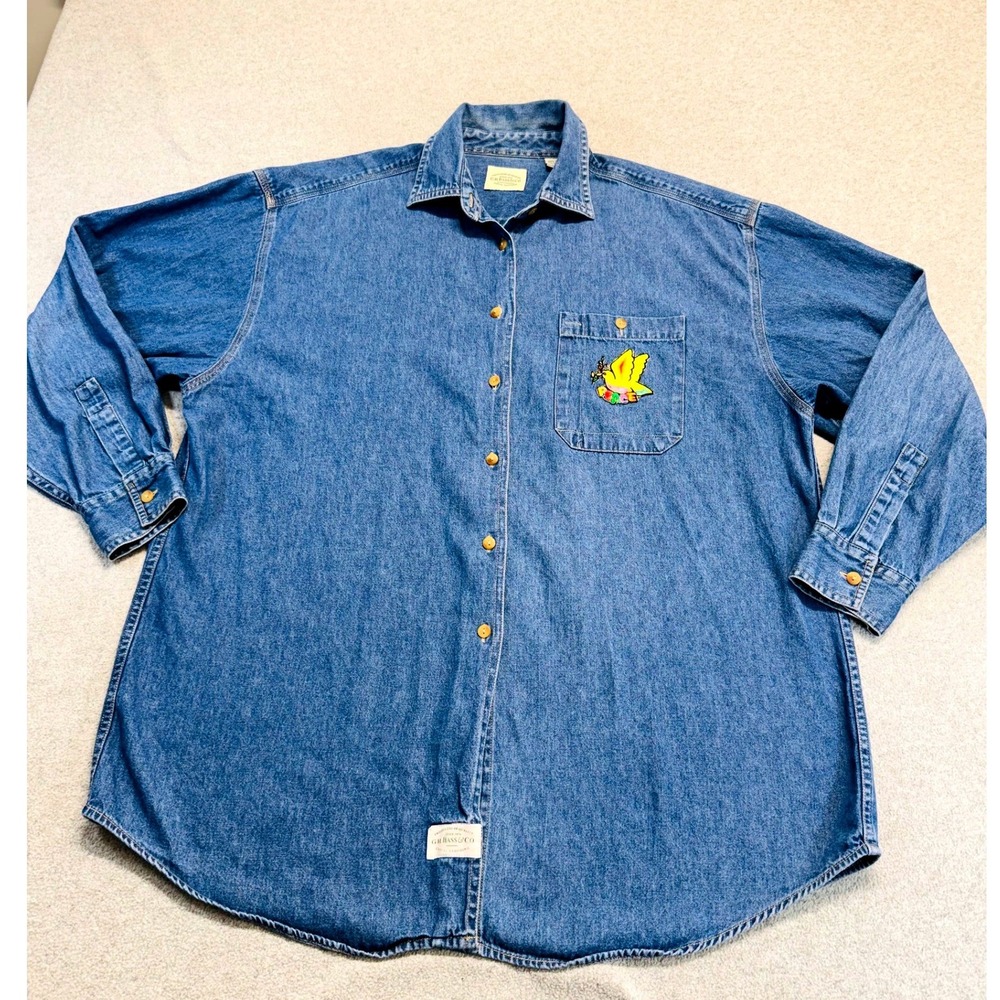 G.H. Bass & Co Denim Shirt Womens Large Blue Peace Dove Embroidered 90s Vintage